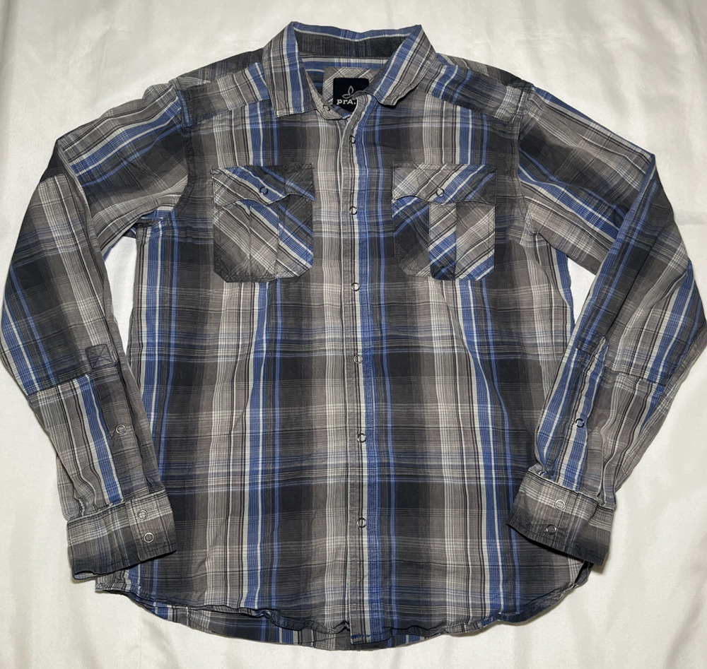 prAna Snap Front Shirt Mens Size M Grey Blue Plaid Western Long Sleeve Organic